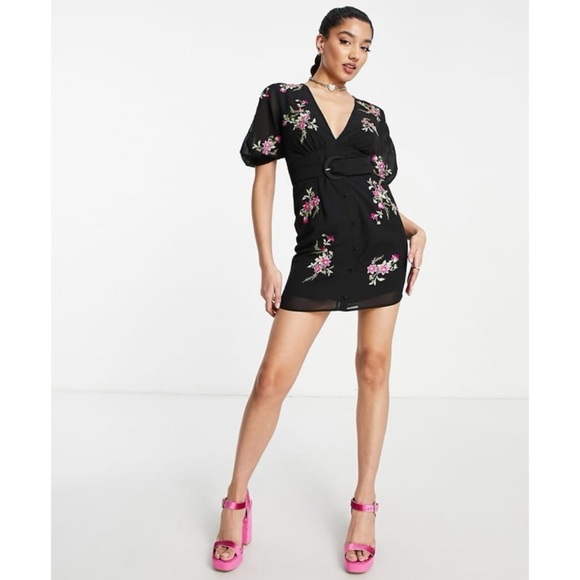 NWT ASOS Design Mini Belted Puff Sleeve Embroidery Dress Chiffon Black Floral - Picture 2 of 11